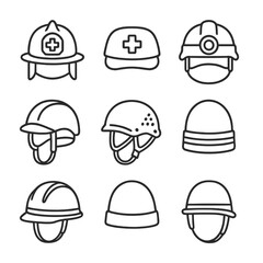 Fototapeta premium Safety Headgear Icons. Line style icons of Safety & Rescue Headgear: firefighter helmet, paramedic bump cap, search-and-rescue lid