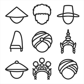 Traditional Asian Headwear Icons. Line style icons of Traditional Asian Headwear: conical rice hat, Mongolian fur hat, Korean gat,