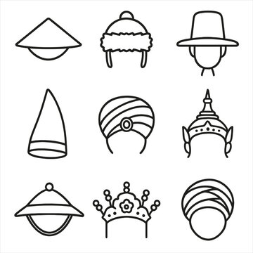 Traditional Asian Headwear Icons. Line style icons of Traditional Asian Headwear: conical rice hat, Mongolian fur hat, Korean gat,