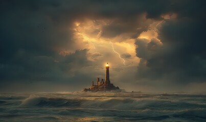 Lighthouse On Island City At Stormy Sunset