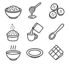 Oatmeal Breakfast Icons. Line style icons of Classic Oatmeal Breakfast: rolled oats bowl, honey drizzle, banana slices, cinnamon