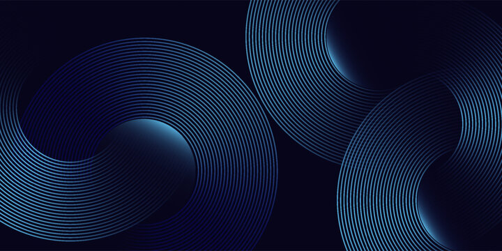 Abstract blue glowing geometric lines on dark blue background. Modern shiny blue circle lines pattern. Futuristic technology concept. Suit for cover, poster, banner, brochure, header, website