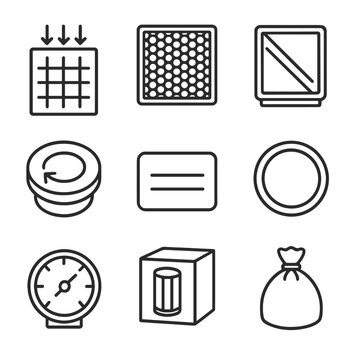 Filter Parts Iconography. Line style icons of Filter Replacement Parts: particulate pre-filter, activated carbon filter, filter