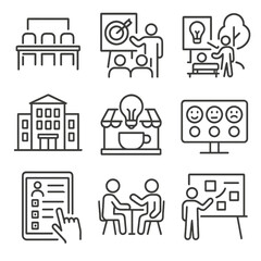 Urban Startup Icons. Line style icons of urban social startups: coworking hub icon, social impact pitchboard, idea presentation in