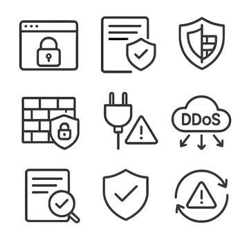 Cybersecurity Icon Set. Line style icons of website and app protection: website HTTPS padlock, security headers icon, captcha