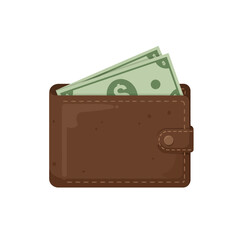 Illustration of a brown leather wallet with a green money bill sticking out of it