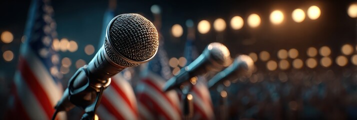 Microphones set up for a political event with United States flags in the backdrop, creating a formal atmosphere for speeches and announcements