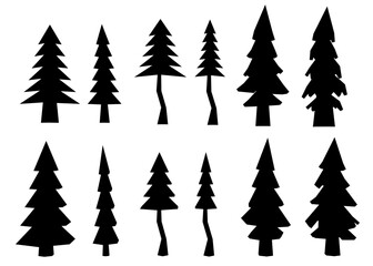 Black and white silhouettes of pine trees arranged in a low poly style. The minimalist design features clean lines and sharp angles against a plain white background. Perfect for winter themes.