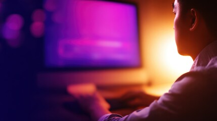A focused individual working on a computer in a dimly lit room, with colorful lights creating a vibrant atmosphere