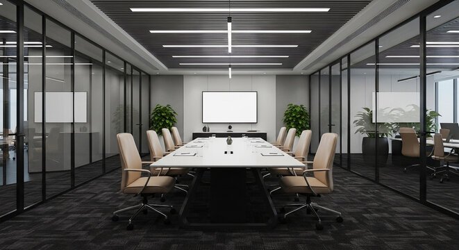 A modern conference room with a long table, chairs, and glass walls in an office setting