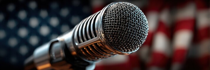 Microphone in front of a backdrop featuring the American flag during a speech event at a local community center