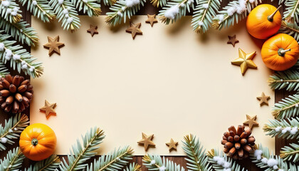 Festive autumn frame with pumpkins, pine cones, and gingerbread stars for thanksgiving celebration with copy space; seasonal decoration