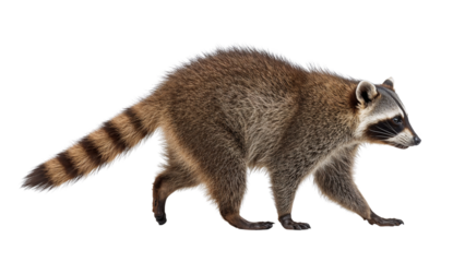 Full body raccoon side walking pose, clear fur texture, wild forest animal isolated on white backdrop, realistic furry creature, nature stock photography 4k image