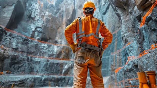 A construction worker stands in a large quarry, observing the rugged landscape, highlighting the scale of the operation and the importance of safety and teamwork in construction.