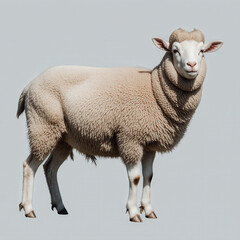 Fototapeta premium Sheep in Profile: A regal sheep stands poised, its woolly coat and gentle gaze radiate an air of peacefulness and pastoral calm. 