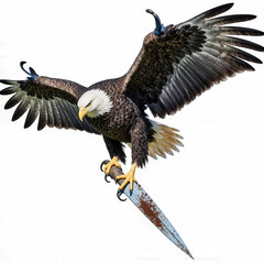 Naklejka premium Majestic Eagle: A powerful bald eagle descends with talons gripping a rusty sword, its wings spread wide, against a stark, pristine background. Depicting strength and freedom