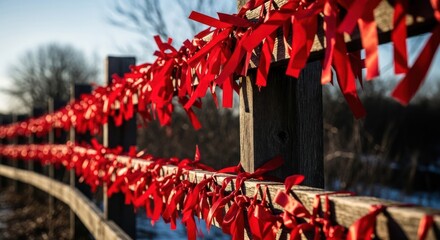 Red ribbons tied to fence, depth of field, sunny day with snow in background