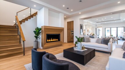 Fototapeta premium Modern living room with elegant furniture, cozy fireplace, and stylish staircase, showcasing contemporary design