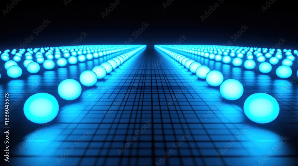 Wall mural rows of glowing blue spheres aligned on a grid extending into the distance