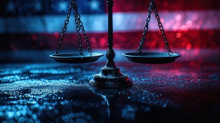 Scales of justice before a blurred US flag backdrop, dramatic lighting