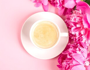 Coffee and peonies on a pink background