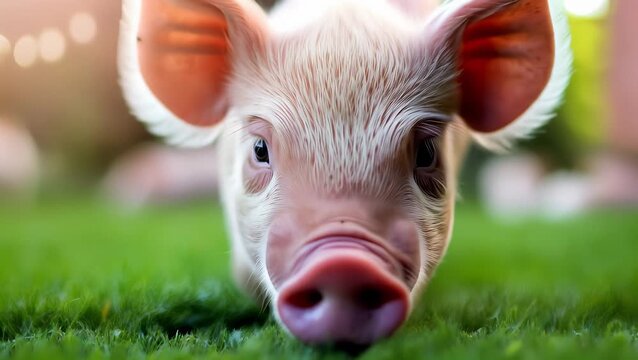 An adorable piglet with big ears happily waddling on bright green grass, embodying playful innocence, joy, and the charm of farm life under soft sunlight.