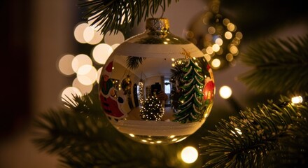 Shiny Christmas ornament hangs on pine with lights bokeh in background