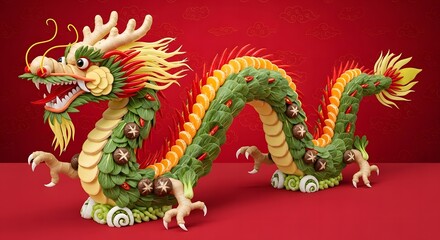Obraz premium Curved dragon shape made from vibrant Asian vegetables and fruits—bok choy, red chilies, mandarin oranges, ginger, mushrooms—flowing like a traditional Chinese dragon, red festive background