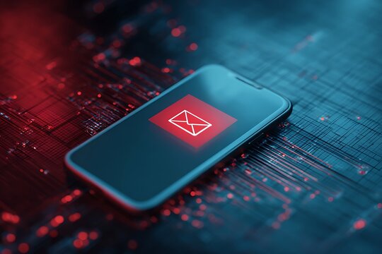 Smartphone with glowing red email icon on a digital circuit board background - Powered by Adobe