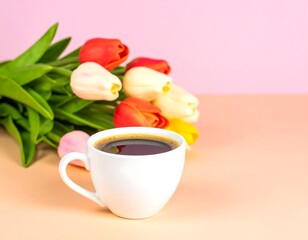 Coffee and tulips on pastel background