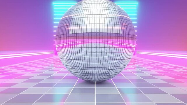 Disco ball shines brightly with vibrant party lights reflecting on tiled floor and glowing neon lines creating energetic colorful atmosphere perfect for celebration and dance