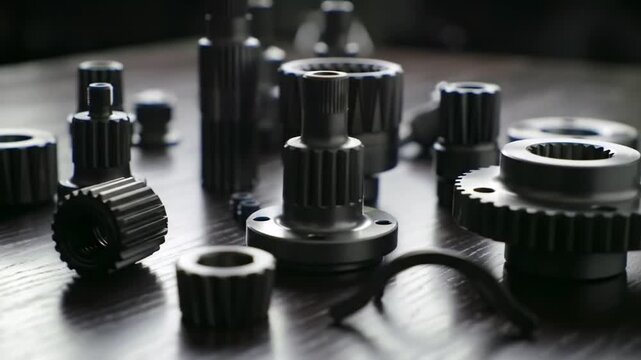 Close Up of Assorted Black Metal Gears and Machined Parts Scattered on Dark Wood Surface with Soft Lighting