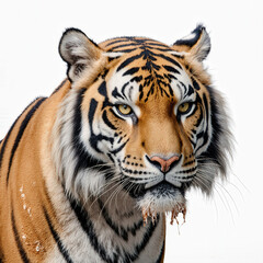 Majestic Tiger Portrait: A striking close-up portrait of a Bengal tiger, showcasing its fierce beauty, intricate patterns, and intense gaze, set against a clean backdrop. 