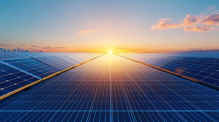 Solar panels stretch toward a bright sunset horizon with city skyline