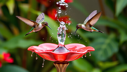 Hummingbirds hovering around a small flower-shaped fountain, midair capture, water droplets frozen in motion, tropical garden background 2