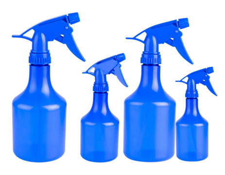 3D Floating Blue Spray Bottle with Cap Removed, Exploded View Composition, isolated transparent background png