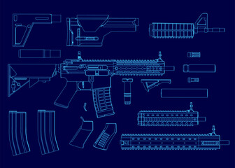 Blueprint of an rifle with detailed modular parts and contour lines on a blue background. The kit includes labeled components for assembly. Technical drawing highlights precision engineering.
