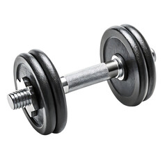 Naklejka premium A single dumbbell with black plates and a textured silver handle on a dark isolated background