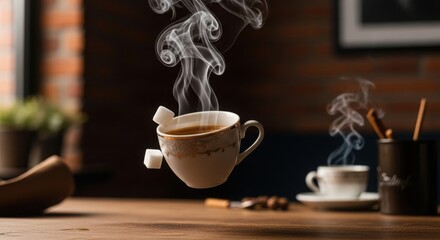 Levitating Coffee Cup with Sugar Cubes and Steam on Wooden Table floating
