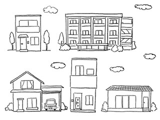家、マンション、住宅、、建物、（平屋、一戸建て、マンション）、線画