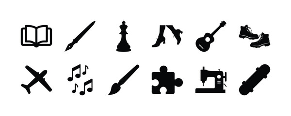 Vector art hobby icons set: book, pen, chess, heels, guitar, boots, plane, music, paint, puzzle, sewing, skate