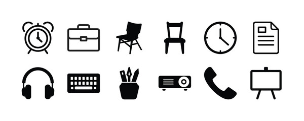 Office supplies and equipment icons set, alarm clock, briefcase, chair, headphones, and more vector