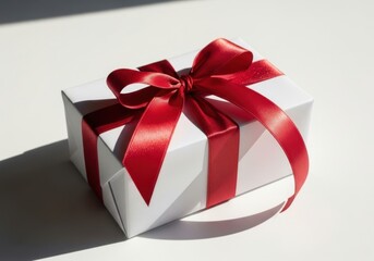Fototapeta premium Elegant white gift box tied with a luxurious red ribbon