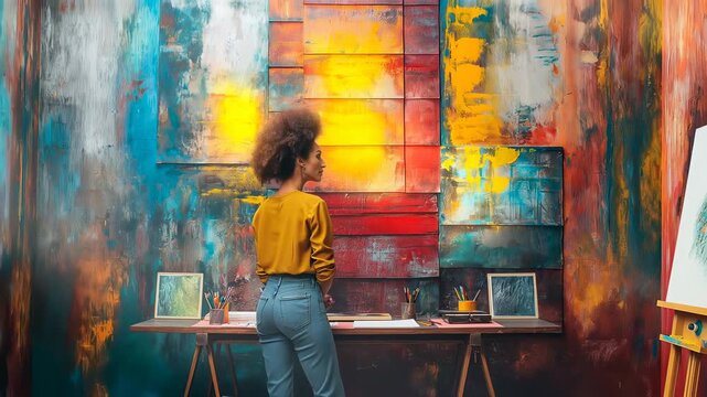 A contemplative artist gazes at a vibrant abstract painting, reflecting on creativity and self-expression within the realms of artistic exploration and identity.