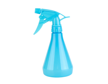 Tilted Blue Cleaning Spray Bottle in Action with Mist Spray Effect, Diagonal Angle, isolated transparent background png