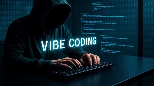 Man in green hoodie types on keyboard with flowing code and float with vibe coding text, script runner, digital focus cyber setting - Powered by Adobe