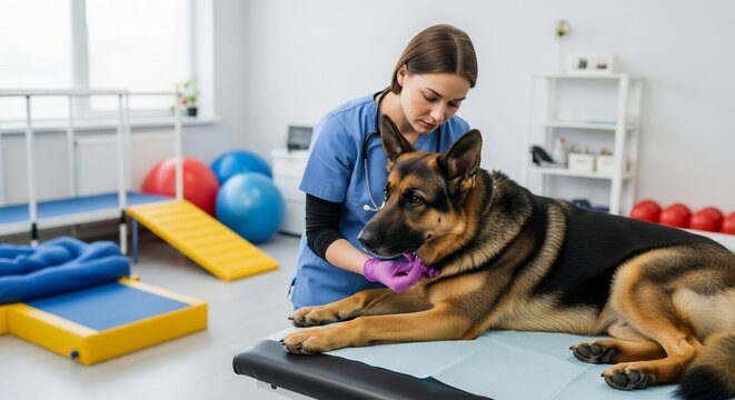 veterinarian examining german shepherd dog health clinic
