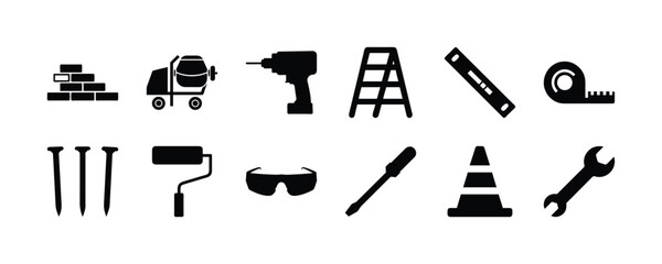Obraz premium Construction tools vector icon set including drill, ladder, level, tape, bricks, and more tools