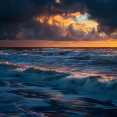 Fototapeta premium The ocean is rough with waves crashing against the shore