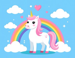 Cute unicorn, rainbow, clouds, pastel colors